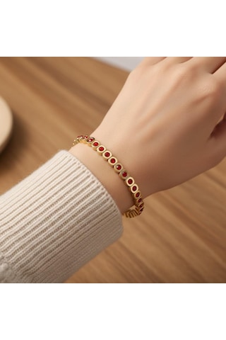 Kadın 14k Kaplama Gold Kırmızı Taşlı Çelik Lastik Bileklik Çok Renkli