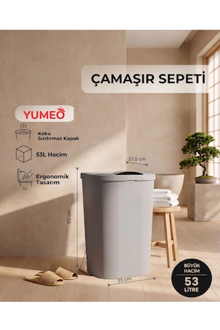 Yumeo Slim 53 Litre Kapaklı Çamaşır Sepeti Dar Alanlara Uygun Plastik Kirli Sepeti Gri Antrasit - Gri
