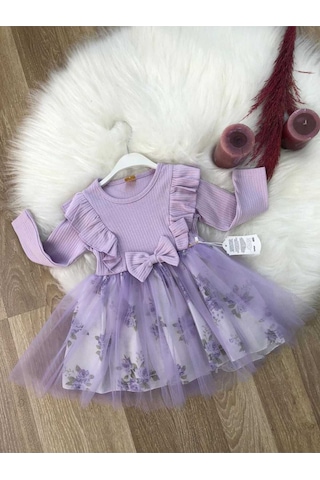Kız Çocuk Lila Mor Çiçekli Uzun Kollu Tütü Özel Gün Hediye Doğum Günü Abiye Prenses Şık Elbise Mor