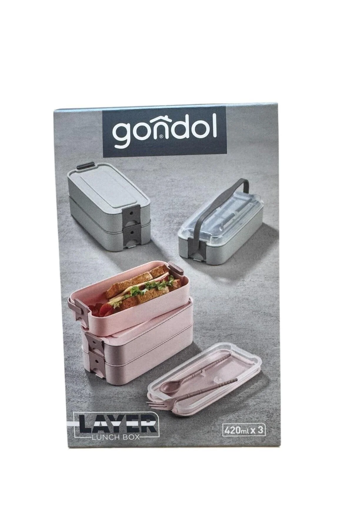 Gondol Layer Lunch Box Kilitli Kat Kat Beslenme Kutusu Çatal Kaşıklı Gri