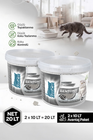 Aktif Karbonlu Bentonit Kedi Kumu 2x10 Lt İnce Taneli, Güçlü Topaklanan, Koku Kontrolü, Kovalı