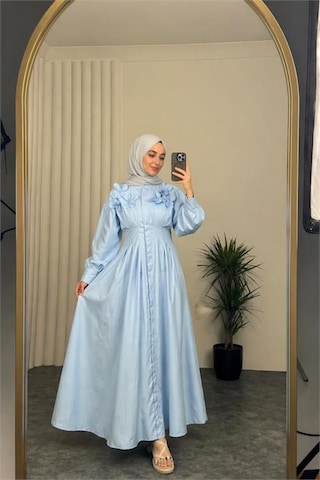 Neşeli Butik Kadın Bebe Mavi Belden Oturtmalı Çiçek Detaylı Premium Tesettür Elbise Nbvq4933 Bebe Mavisi