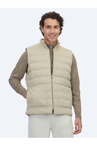 Bej Regular Fit Dik Yaka Casual Dokuma Spor Yelek Bej