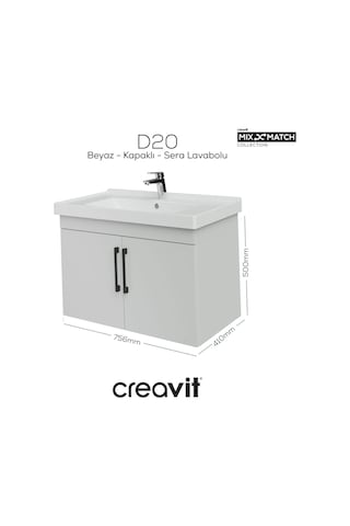 Creavit D20 80 Cm Kapaklı Lavabo Dolabı Beyaz Melamin Kapak Demonte Mat Beyaz