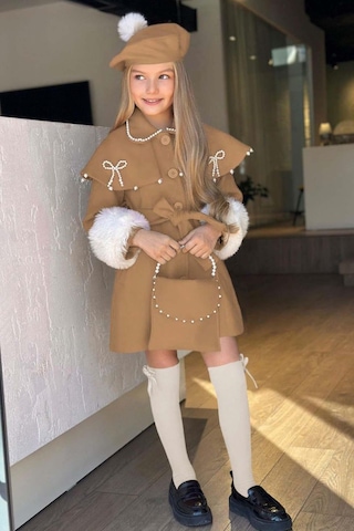 Riccotarz Kız Çocuk Boydan Yakası İnci Taş İşlemeli Şal Detaylı Kemerli Bej Kaşe Bej