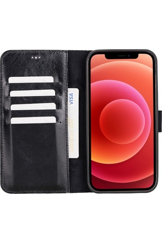 Apple Uyumlu iPhone 12 Pro Max Deri Cüzdanlı Kılıf Rst1 Siyah Siyah