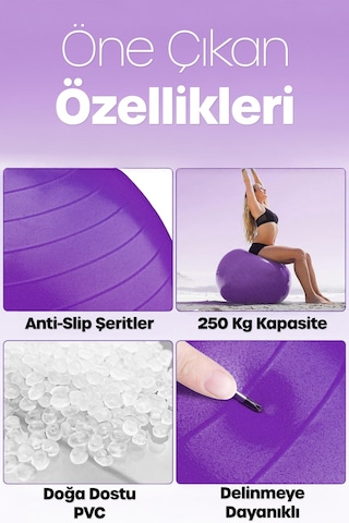 65 Cm Pilates Topu Ve Pompa Seti 155-170 Cm Boy İçin Uygun Dayanıklı Anti-slip Mor
