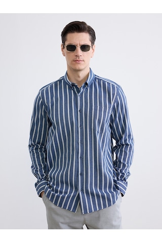 Lcwaıkıkı Classic Lacivert Regular Fit Çizgili Armürlü Erkek Gömlek