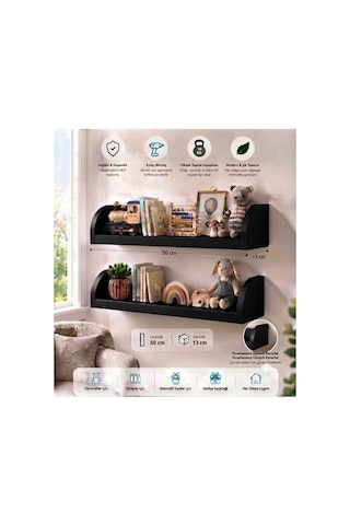 Duvar Rafı 50x13 Cm Mdf Çocuk Odası Kitap ,oyuncak Ve Dekor Rafı Siyah Siyah