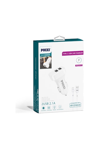 Phixi PCC511T Basic 2.1A Çift Çıkışlı Type-C USB Kablolu Araç Şar