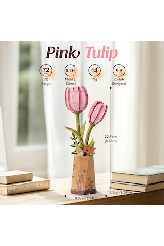 Rowood Tw082 Pembe Lale Çiçek Pink Tulip Dıy Minyatür Maket Model Ahşap 3d Wooden Puzzle Model Kit Ahşap Maket Dekoratif Hobi Seti