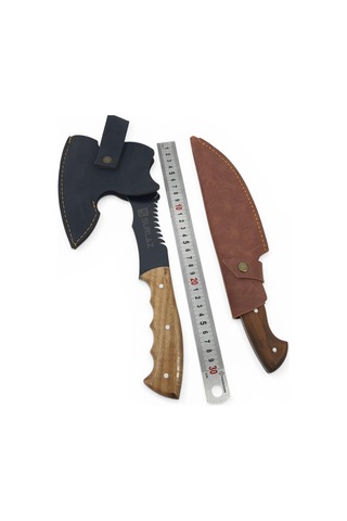 Surlaz Kamp Bıçak Seti, Ahşap Saplı Bıçak Ve Balta, Deri Kılıflı, Outdoor Set, Piknik Doğa Bıçak Seti