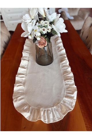 Natürel Ham Keten Fırfırlı Oval Runner 40x90 Cm Bej