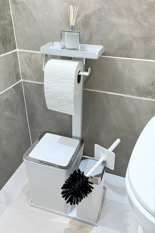3'ü 1 Arada Banyo Seti Tuvalet Kağıtlık, Çöp Kovası Ve Tuvalet Fırça Takımı Beyaz - Krom
