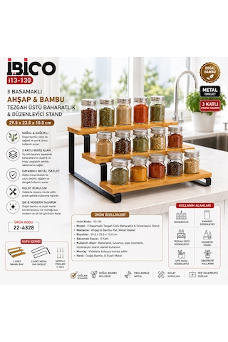 3 Basamaklı Ahşap - Bambu Tezgah Üstü Baharatlık - Düzenleyici Stand 29.5x23.5x10.5cm 5250 Diğer