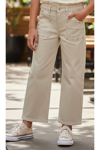 Kız Çocuk Cep Üzeri Zımba Detaylı Geniş Paça Modelli Beli Lastik Ayarlamalı Bej Renk Pantolon Bej