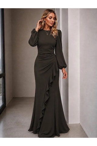 DefyModa Kadın Uzun Kollu Bisiklet Yakalı Önden Fırfırlı Uzun Janjan Krep Elbise Kahverengi