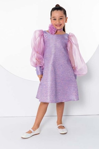 Riccotarz Kız Çocuk Çiçekli Boyunluk Hediyeli Şeffaf Karpuz Kollu Üzeri Simli Lila Elbise Lila