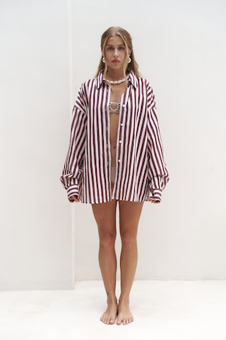 Rosy Transparan Çizgili Bordo Oversize Gömlek bordo