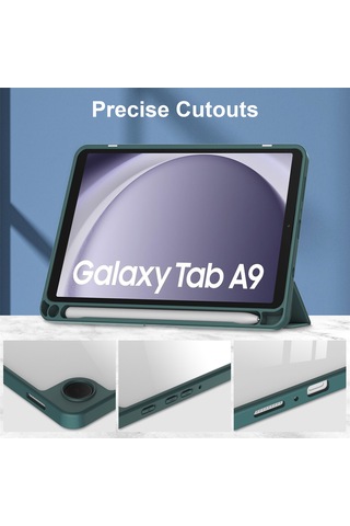 Youtek Samsung Galaxy Tab A9 8.7" Kılıf - A9 Plus 11" Uyumlu, Kalem Bölmeli, Uyandırma Fonksiyonlu, Üç Katlı Şeffaf Koruyucu Kılıf Koyu Yeşil