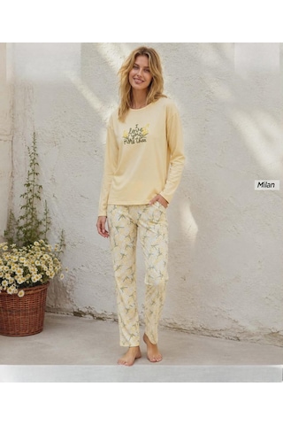 Pijamoni Kadın Milan Bisiklet Yaka Uzun Kol İnce Pijama Takımı 7600/23s - 1 Adet Sarı