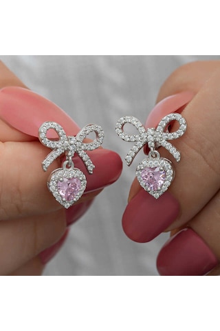 Kenpazar Gümüş Fiyonk Pembe Taşlı Kalpli Çivili Kadın Küpe Gümüş