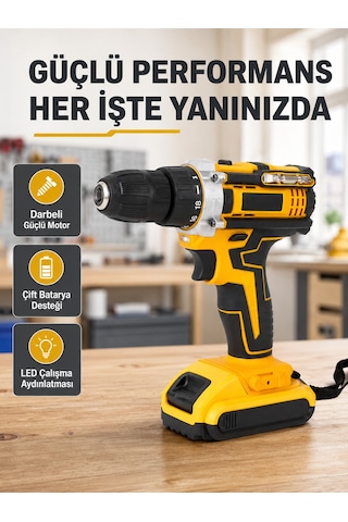 Çift Bataryalı Darbeli Şarjlı Matkap Seti Metal Dişli, 24 Parça Aksesuar Ve Led Işıklı - Lisinya