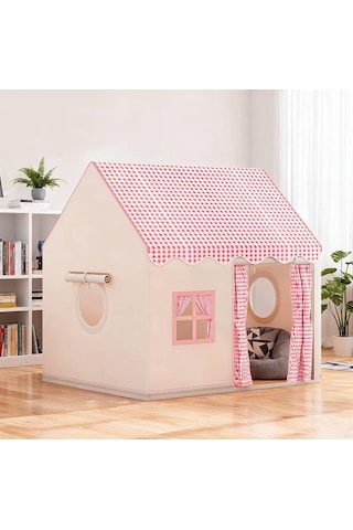Pembe Damalı Lüks Çocuk Oyun Çadırı - Büyük Boy Ev Tipi İç Ve Dış Mekan Oyun Evi 130x120x100 Cm