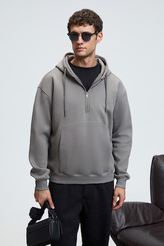 Grimelange JUSTUS Erkek Kapüşonlu Kanguru Cepli Fermuar Yakalı Koyu Gri Sweatshirt