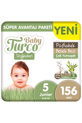 Baby Turco Doğadan Süper Avantaj Paketi Pofuduk Bebek Bezi 5 Numara Junior 156 Adet