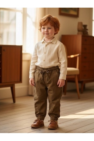 Zekids Erkek Çocuk Bağcıklı Rahat Kesim Günlük Şık Pantolon-17200 Kahverengi