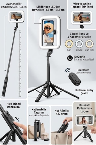 Bluetooth Kumandalı Şarjlı 8 İnç Led Ring Light Katlanabilir Selfie Çubuğu Ve Tripod 3 Renk Tonu 25-138cm Diğer