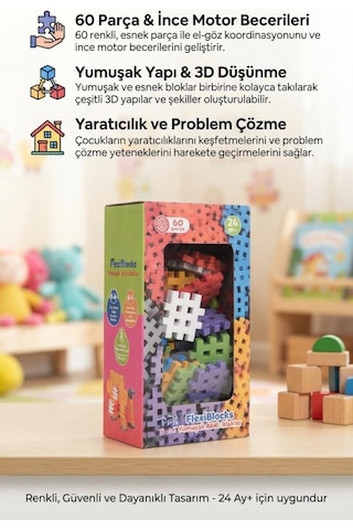 60 Parça Eğitici Flexi Blok İnce Motor Becerilerini Geliştiren Oyuncak Yumuşak Bloklar