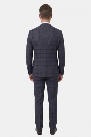 Deepsea Lacivert Kare Desenli Slim Fit Erkek Takım Elbise Çift Düğme Çift Yırtmaç 2 Li Takım 2601812