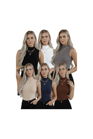 Hashtag Kadın Balıkçı Yaka Sıfır Kol Body 6'lı Set Viskon Kumaş Beyaz