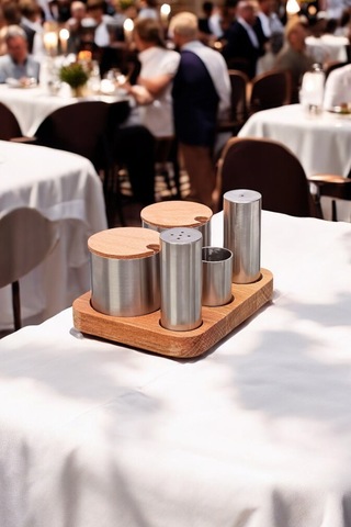 5'li Ahşap Stantlı Paslanmaz Çelik Baharatlık Ve Şekerlik Seti Kafe Restorant Set Diğer