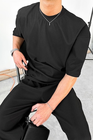 Siyah İnce Fitilli Oversize Tişört Siyah