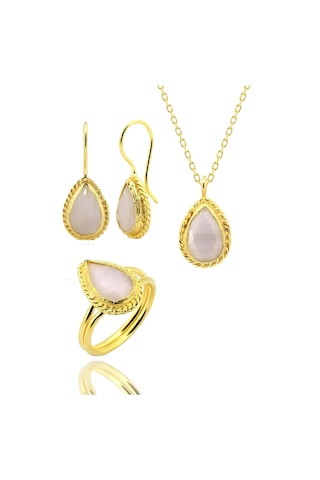 Beyisa Güneş Taşı Serisi Sarma Damla Kesim Beyaz Renkli Oniks 22 Ayar Altın Kaplama Kadın Set