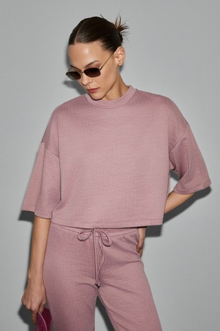 Grımelange Prıme Kadın Organik Pamuklu Bisiklet Yaka Kısa Kollu Oversize Crop Pembe T-shirt Pembe