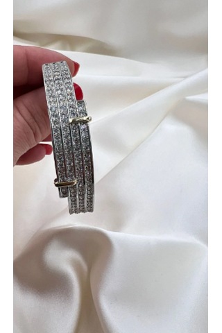 Bb İthal Dört Sıra Taş Kelepçe Bilezik Gümüş