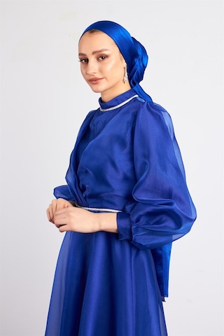 Livanomi Beli Taşlı Saks Tesettür Abiye Elbise Saks