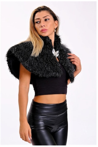 Keyifli Moda Kadın Siyah Broşlu Kürk Etol Bolero