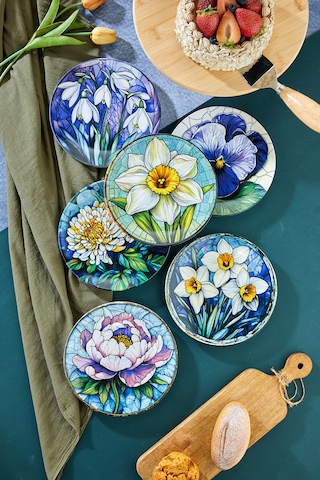 6 Lı Çiçek Desenli Servis Tabağı Seti 27 Cm Yemek, Pasta Ve Tatlı Tabağı Çok Renkli