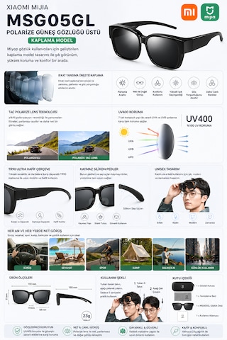 Mijia Numaralı Gözlük Üzerine Takılabilen Polarize Güneş Gözlüğü Uv400 Tac Lens Hafif 23gr Tr90 Çerçeve Msg05gl Siyah