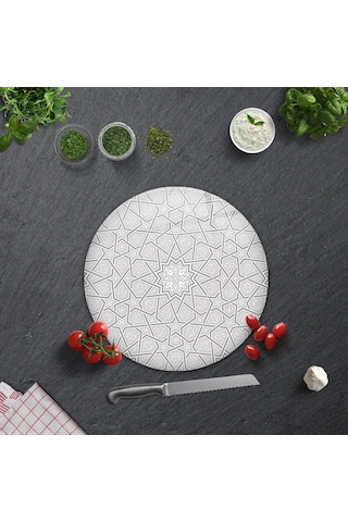 Selçuklu Motifi Desenli Cam Kesme Tahtası Çap32cm