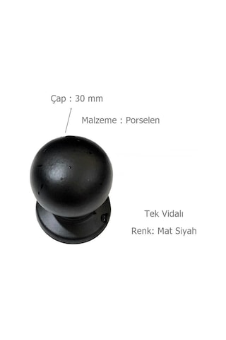 5 Adet Porselen Düğme Tek Vidalı Mat Siyah Mobilya Dolap Kulp