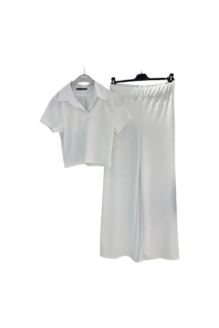 Tkm01 Yaka Detaylı Kısa Kollu Panyolonlu Takım Beyaz