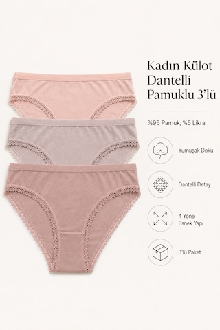 Nicoletta Kadın Külot 3 Lü Paket Likralı Dantelli Pamuklu Likrali 313011 Çok Renkli
