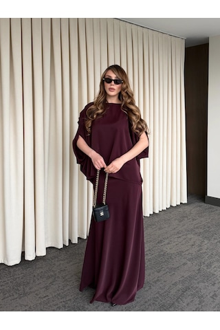 Laluvia Mürdüm Omuz Drapeli Saten Bluz Etek Takım - 8005 Mürdüm
