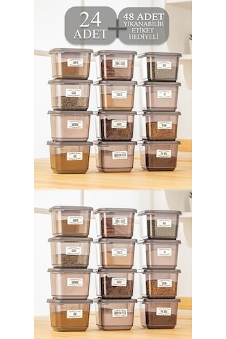 24'lü Set Baharatlık - Etiketli Kare Baharat Saklama Kabı Seti Antrasit 24 X 0,50 Lt Baharat Takımı Antrasit